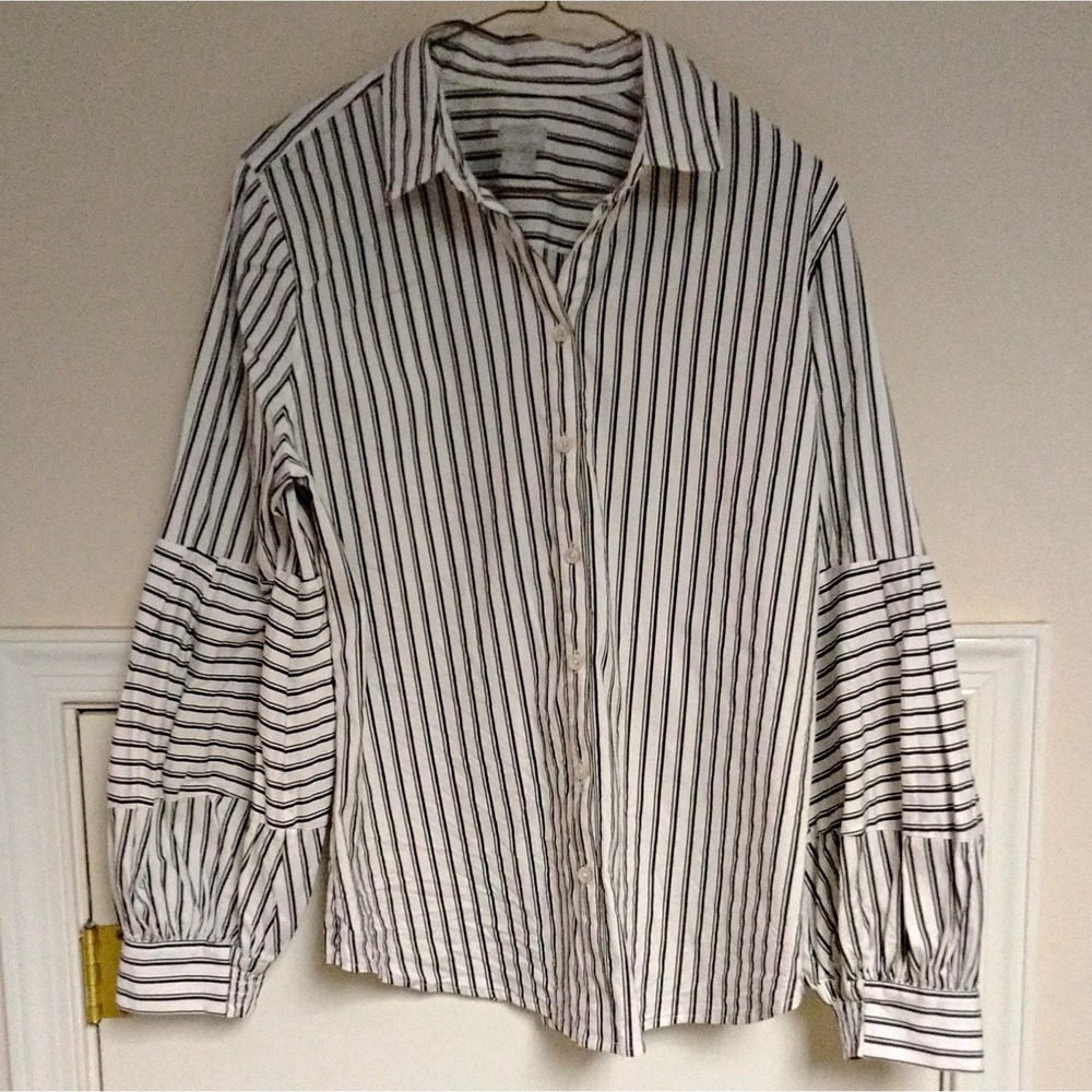 Chico's Black/White Striped Collared Long Sleeve Button Front Shirt Size 12